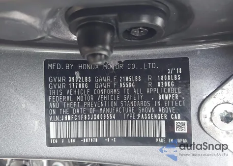 2018 Honda Civic Touring from USA, damaged, VIN JHMFC1F93JX009554